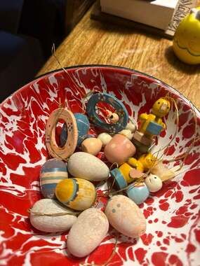 Vintage Lot of Hand Painted Miniature Wooden Easter Ornaments - Eggs, Bunnies, a